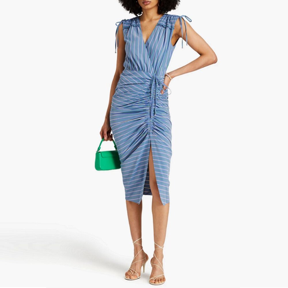 VERONICA BEARD Teagan Ruched Striped Poplin Midi Dress